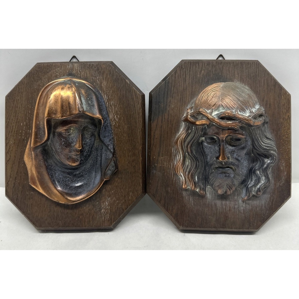 Vintage Bronze or Copper Jesus Christ Virgin Mary Madonna Wood Wall Plaque Head
